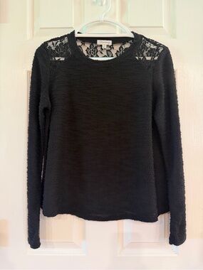 Olsenboye Black Lace-Trim Long Sleeve Top